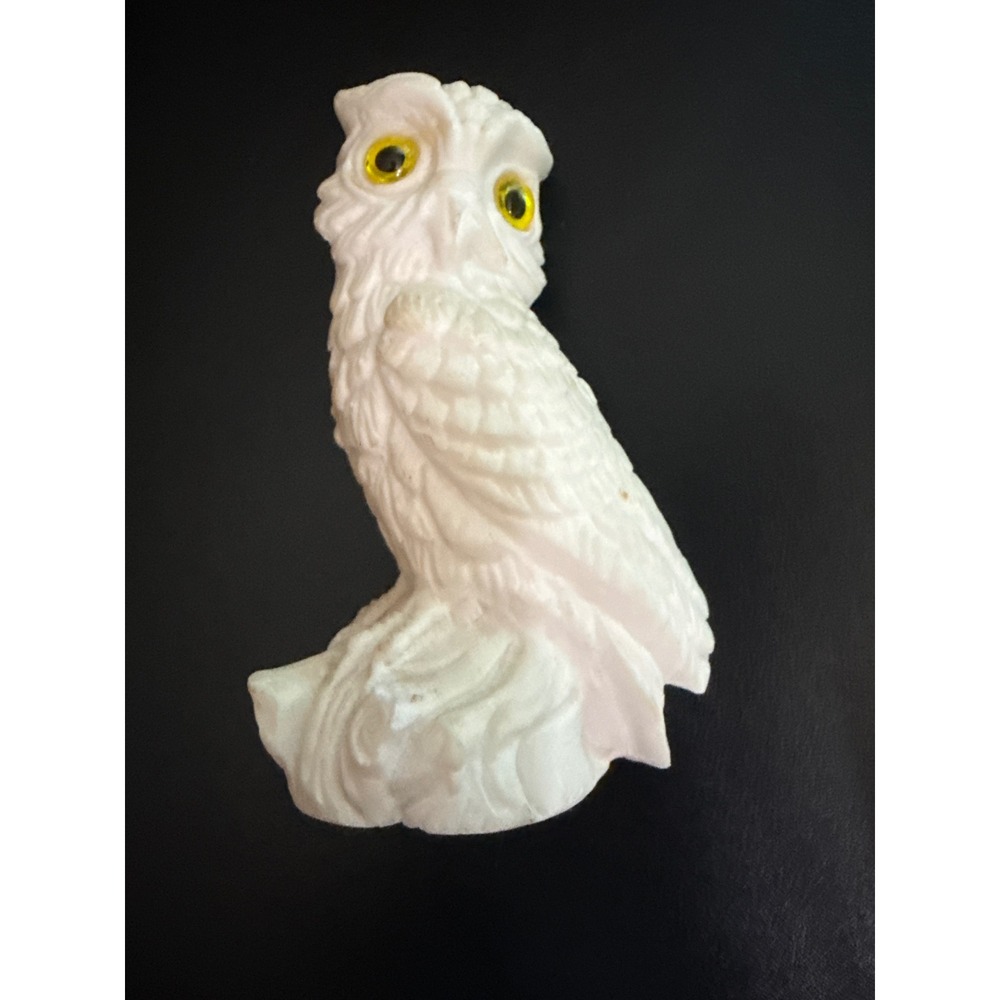 Vintage Italian Alabaster Owl Figure White Stone Sculpture Yellow Eyes FA Italy